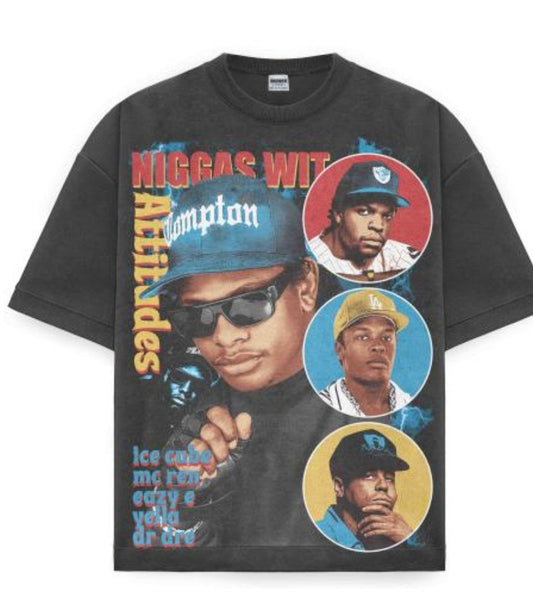 NWA ON SHAKA HEAVYWEIGHT GARMET DYED T SHIRT, Big print (FRONT & Back)